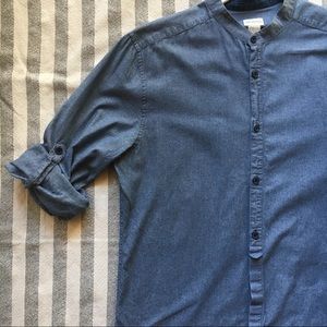 [H&M] Collarless Chambray Long Sleeve Shirt